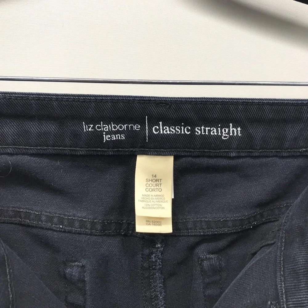 Liz Claiborne Black Denim Classic Fit Straight Jeans 100% Cotton Size 14 Short